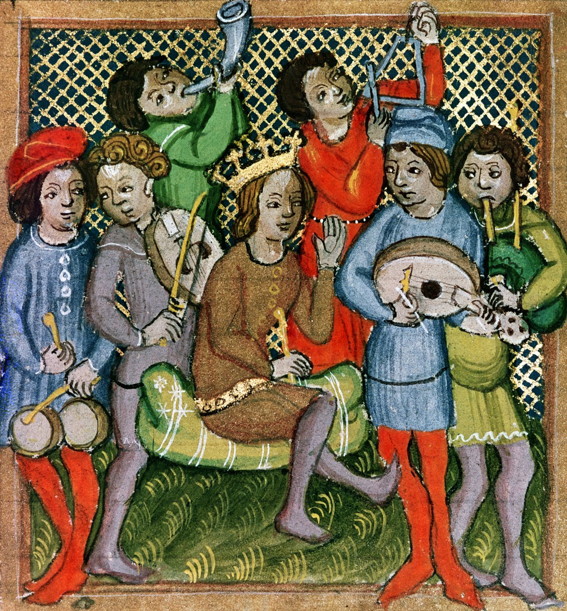 Ülő, koronás alak, körülötte lanton, dudán, triangulumon, kürtön, brácsán és dobon játszó zenészek (kézirat). alkotó: Czech School