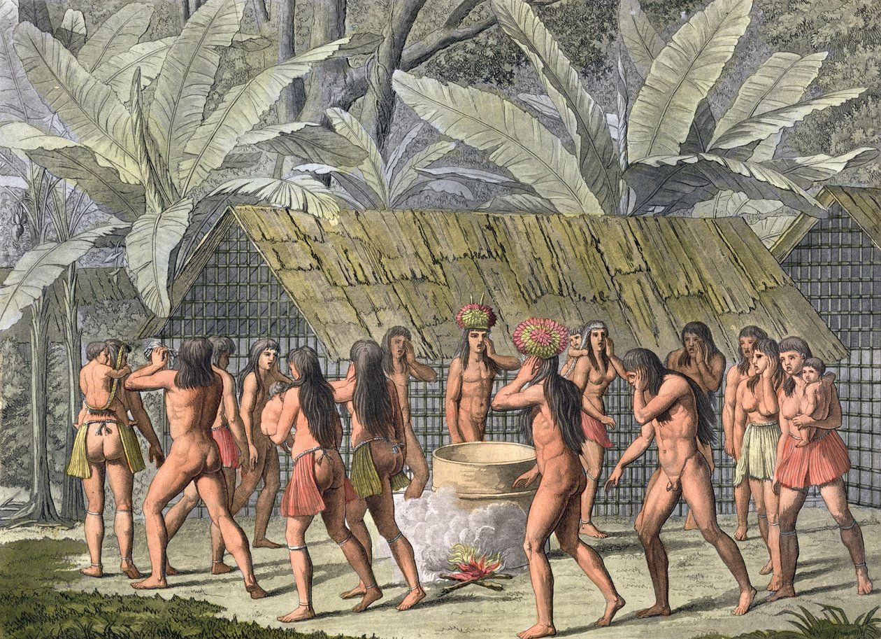 A Camacani indiánok táncfesztiválja, Brazília, a „Le Costume Ancien et Moderne”, I. kötet, 46. lemezből, Jules Ferrario, megjelent az 1820-as és 30-as évek körül (színes metszet) (lásd még: 177057) alkotó: D.K. Bonatti