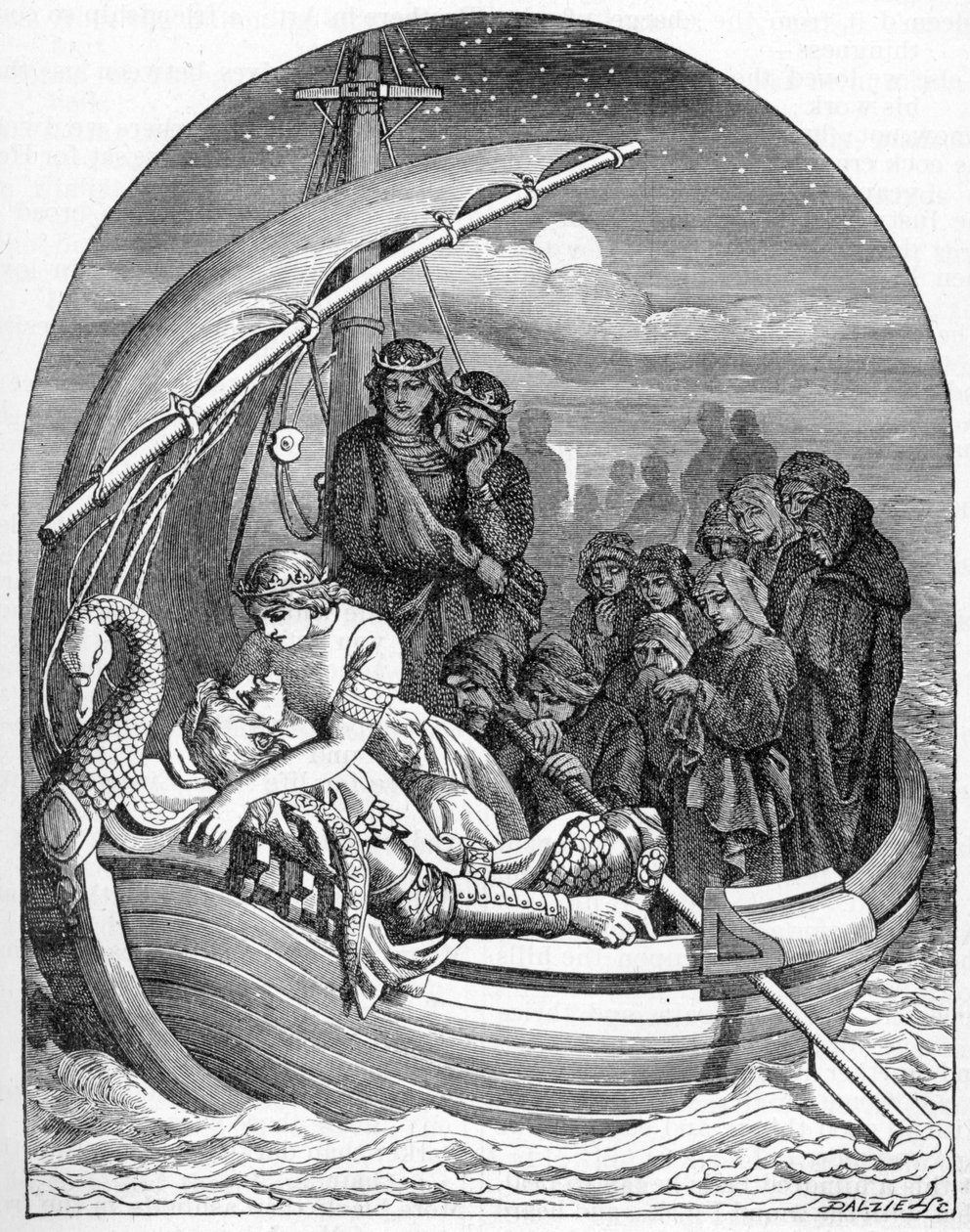 A haldokló Arthur királyt Avalonba viszik egy varázslatos hajón három királynővel, 1901 alkotó: Dalziel Brothers