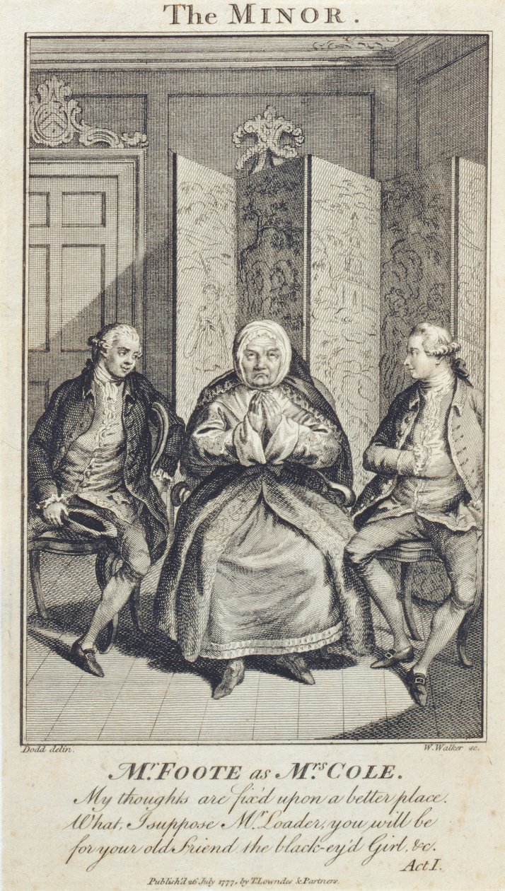 Mr Foote mint Mrs Cole a "The Minor"-ban, W. Walker metszete, 1777. alkotó: Daniel Dodd