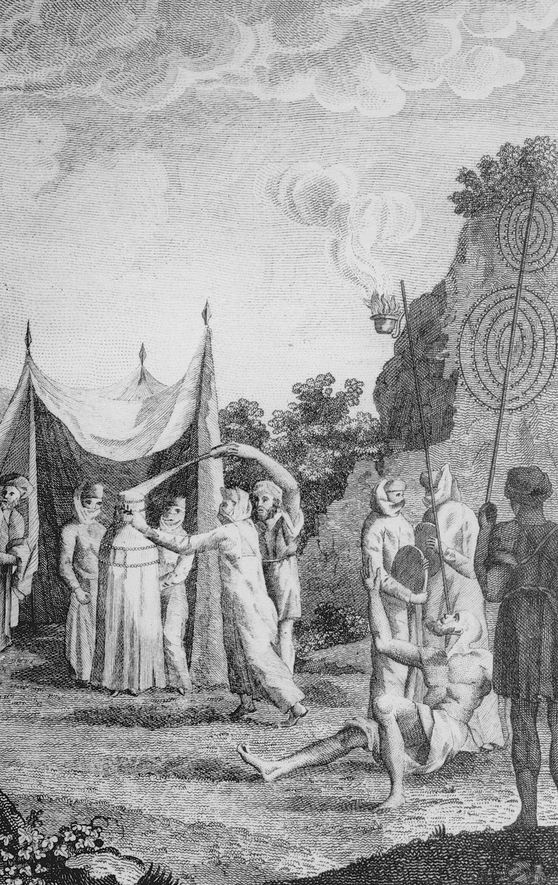 Felvonulás egy egyiptomi esküvőn, Niebuhr „Utazások Arábián és más országokon keresztül” című művéből, az angol verzió 1792 körül jelent meg alkotó: Daniel Lizars