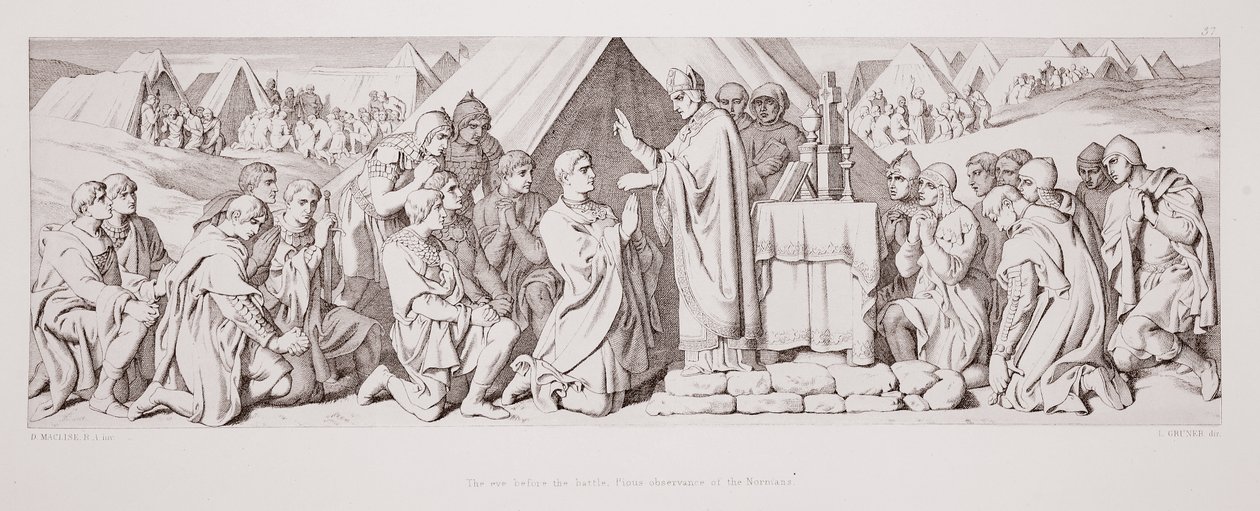 A csata előtti este, a normannok jámbor szertartása, a "The Story of the Norman Conquest"-ből, metszet: L. Gruner, 1866. alkotó: Daniel Maclise