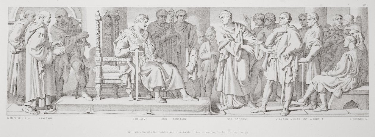 Vilmos segítséget kér hercegségének nemeseitől és kereskedőitől a tervezéshez, a "The Story of the Norman Conquest"-ből, metszet: L. Gruner, 1866. alkotó: Daniel Maclise