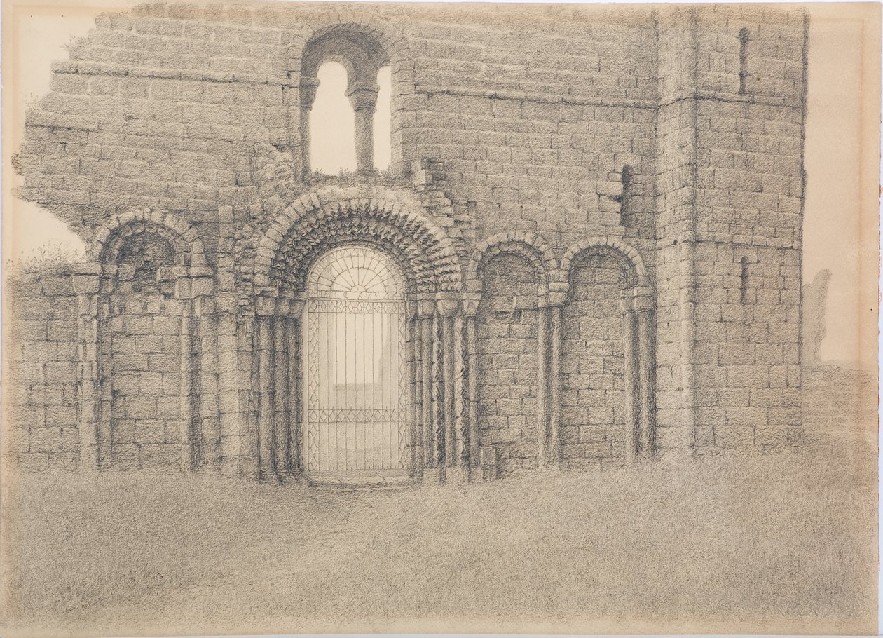 Lindisfarne Priory, Nyugati Front, 1916 körül (szén a kártyán) alkotó: Daniel Oliver