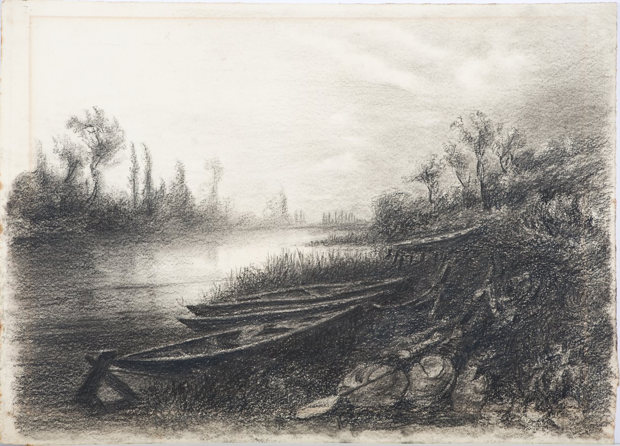 Folyói jelenet csónakokkal, 1916 körül (szén papíron) alkotó: Daniel Oliver