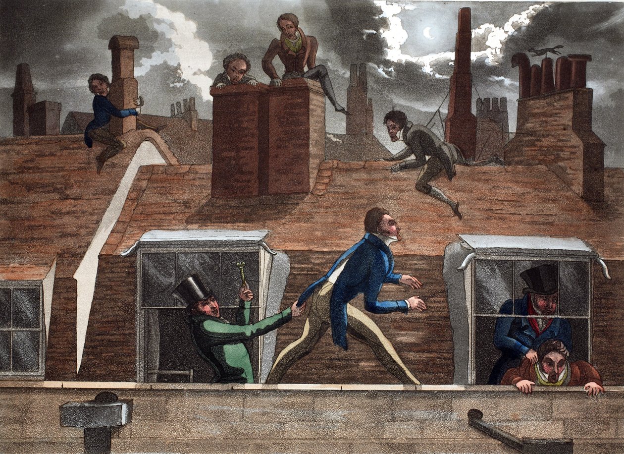The Finishing Bore, illusztráció a "Fashionable Bores or Coolers in High Life" című könyvből, írta Peter Quiz, pub. Thomas McLean, London 1824 (kézzel színezett metszet). alkotó: Daniel Thomas Egerton