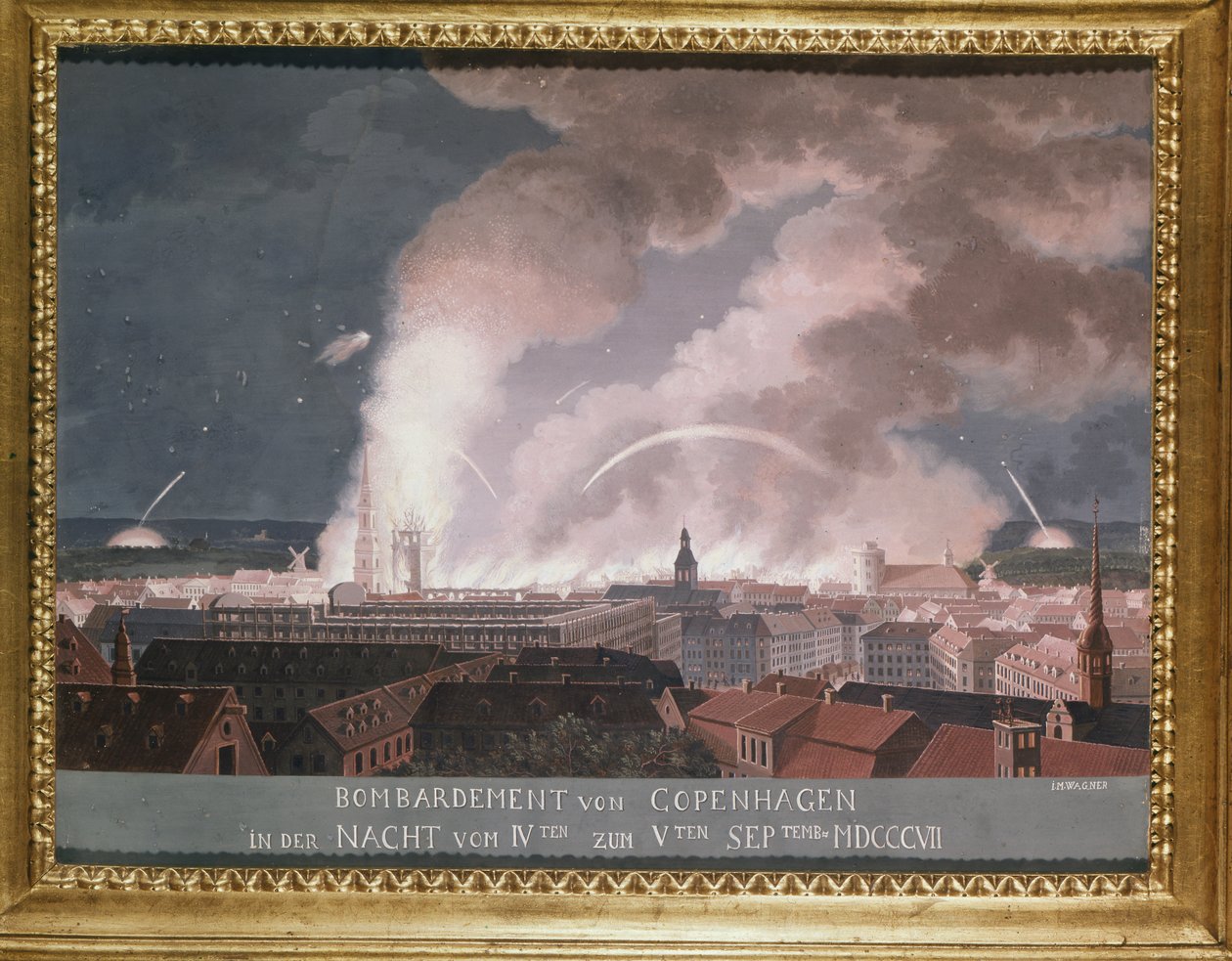 A második koppenhágai csata (vagy a koppenhágai bombázás) 1807 alkotó: Danish School