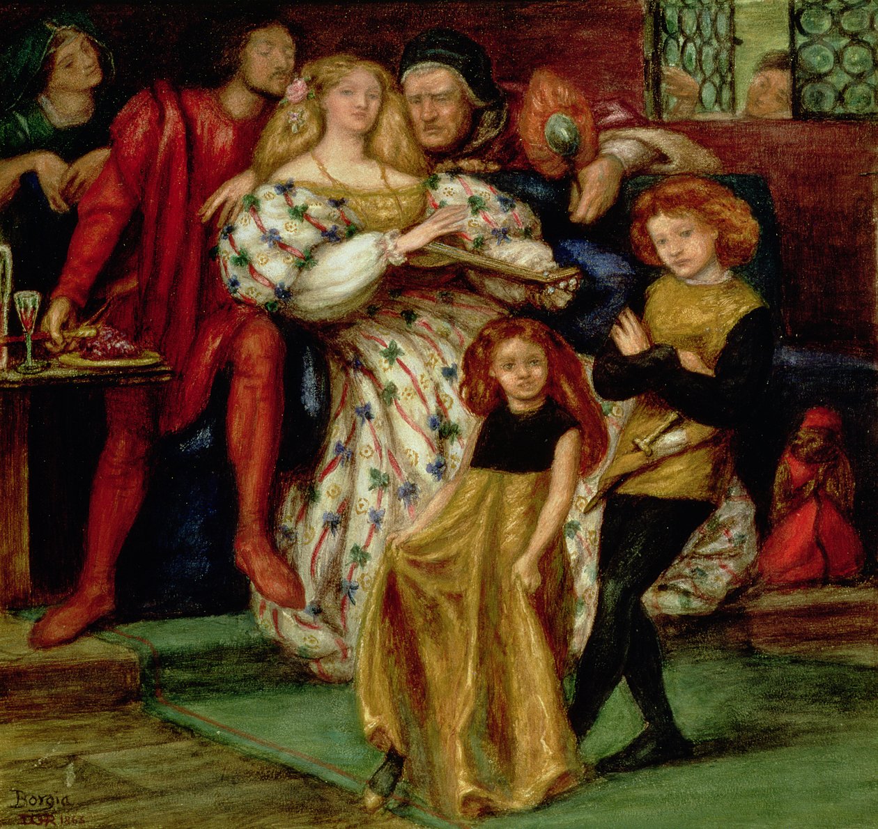 A Borgia család, 1863 (Borgia, Lucretia (1480-1519): családjával, többek között VI. Sándor pápával.) alkotó: Dante Gabriel Charles Rossetti