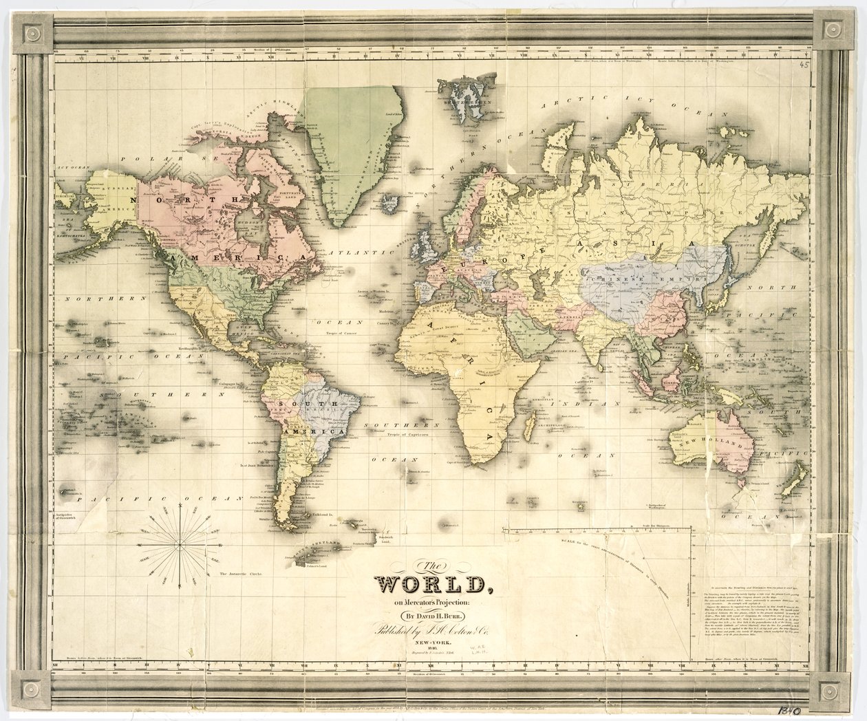 A világ a Mercator-vetítésen, 1840 (kézzel színezett nyomat) alkotó: David Burr