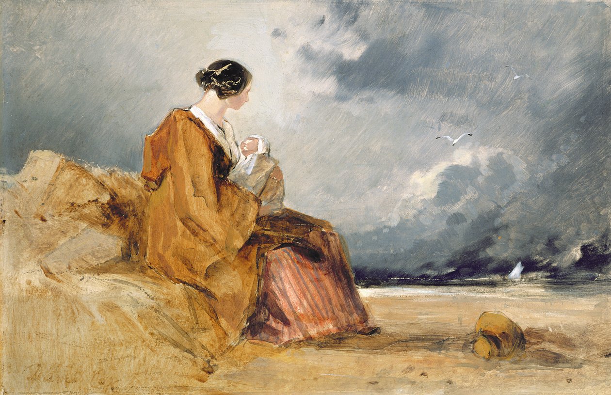 Anya és gyermeke a tengerparton alkotó: David Cox