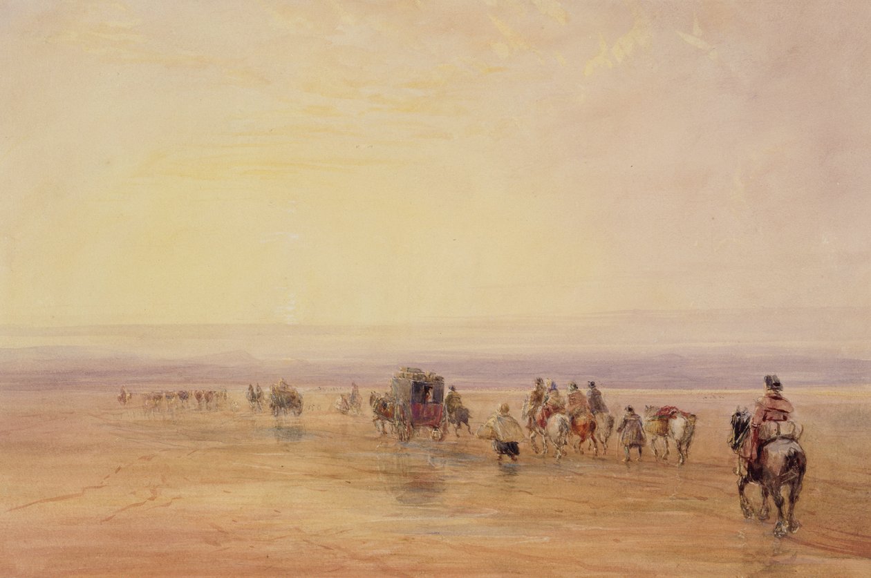 Lancaster Sands, Sunset (Crossing Lancaster Sands) 1835 körül (wc és testszín grafit felett a papíron) alkotó: David Cox