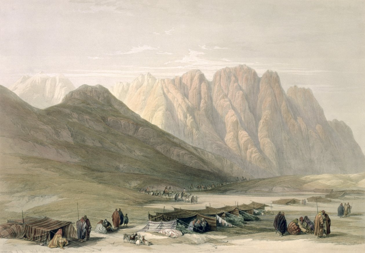 Az Aulad-Said táborhelye, a Sinai-hegy, 1839. február 18., a „Szentföld” III. kötetének 110. táblája, Louis Haghe (1806-85) kocsma metszetében. 1849 alkotó: David Roberts