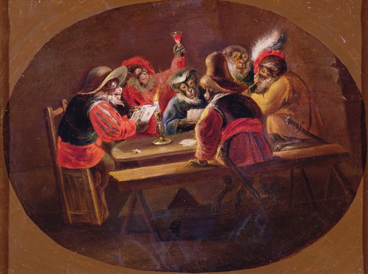 Katonának öltözött majmok kártyáznak és kóvályognak alkotó: David Teniers the Younger