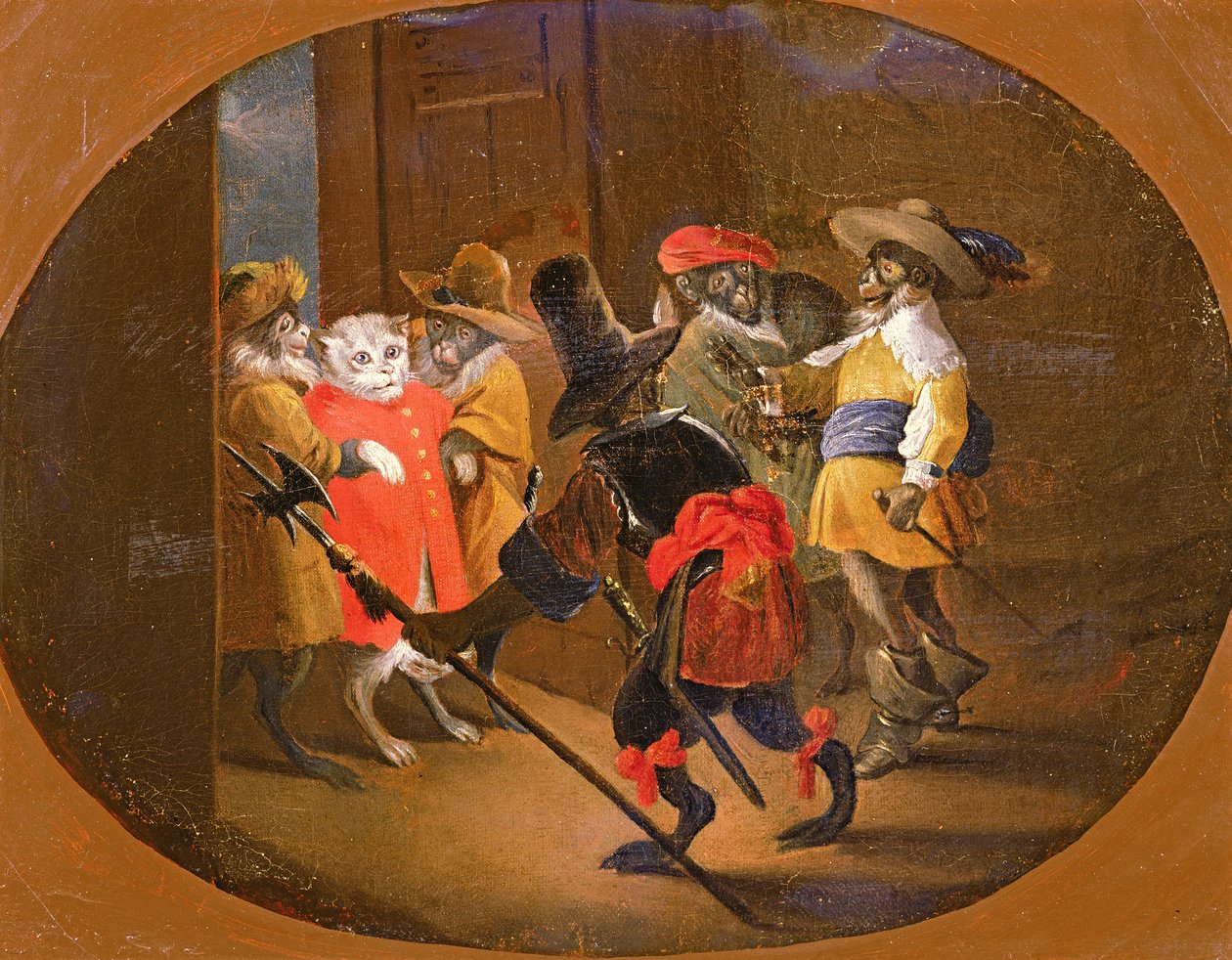 Katonának álcázott majmok, akik egy macskatiszthez viszik őket alkotó: David Teniers the Younger