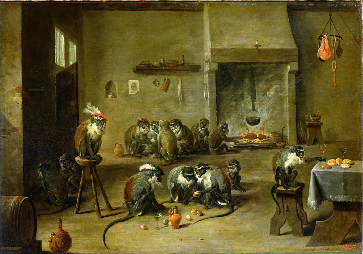 Majmok a konyhában, 1645 körül (olaj, vászon, panelről átvéve) alkotó: David Teniers the Younger