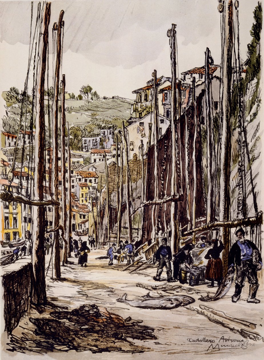 A Tunnyhalászok, Cudillero, Asztúria partvidéke alkotó: David Muirhead Bone