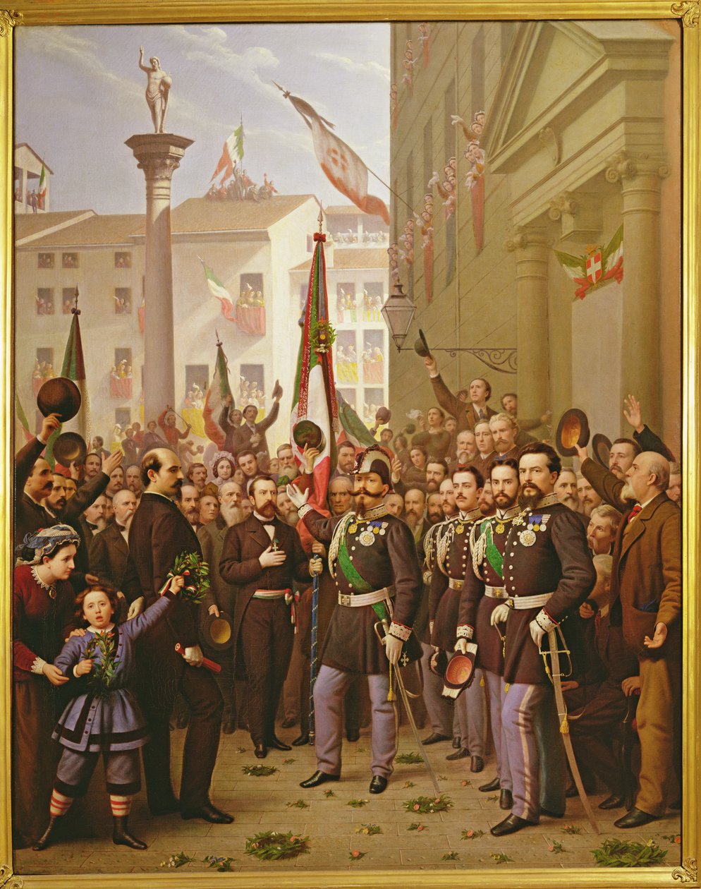 Viktor Emmánuel aranyéremmel díszíti a zászlót 1848. június 10-én Vicenzában alkotó: Domenico Peterlin