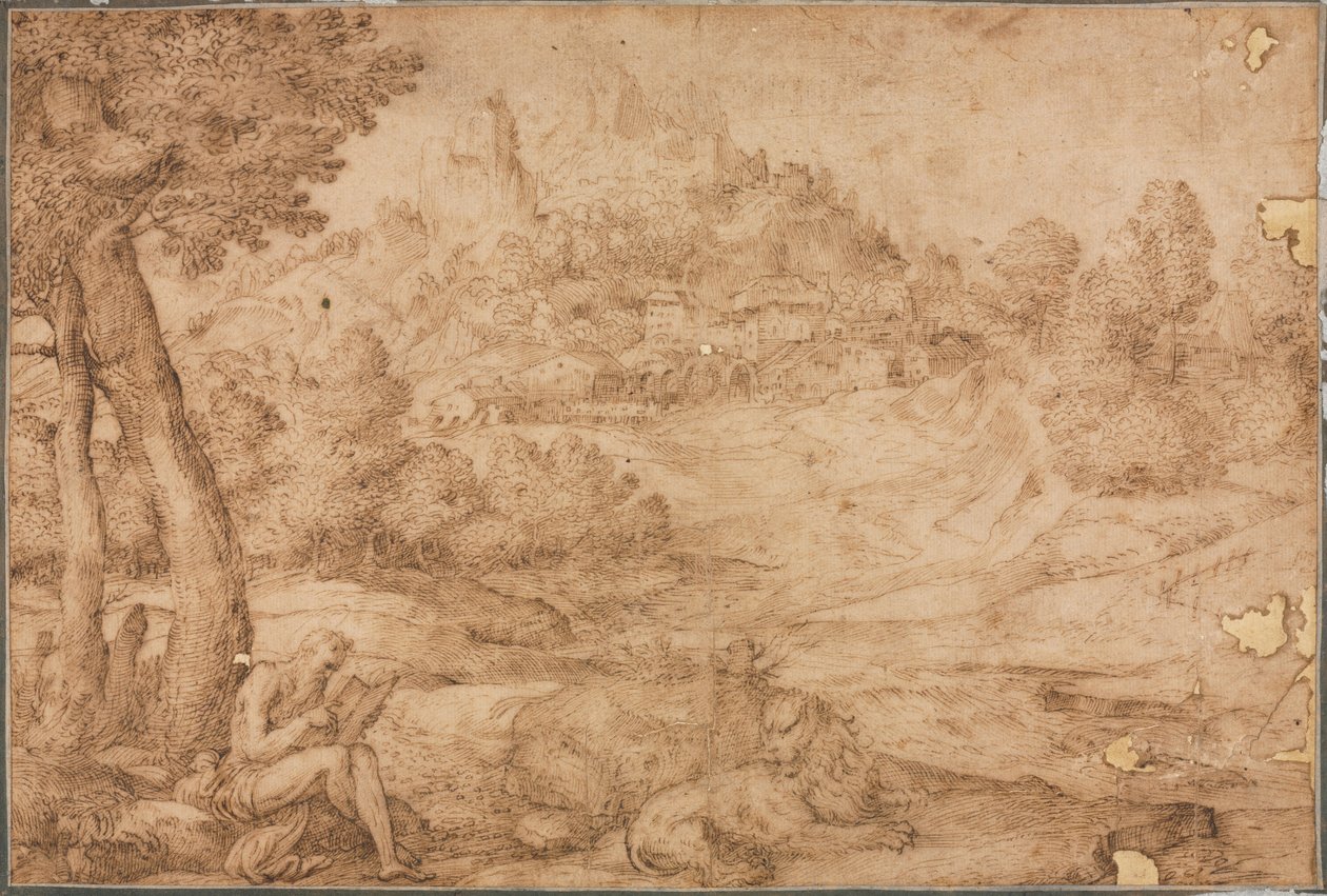 Szent Jeromos egy tájban, c. 1530. alkotó: Domenico Campagnola
