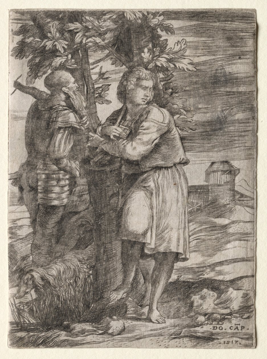 Pásztor és vén harcos, 1517. alkotó: Domenico Campagnola