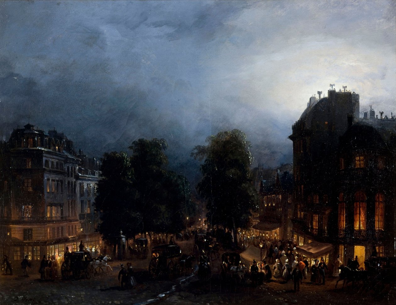 Boulevard des Italiens éjjel, 1835 körül. alkotó: Domenico Ferri