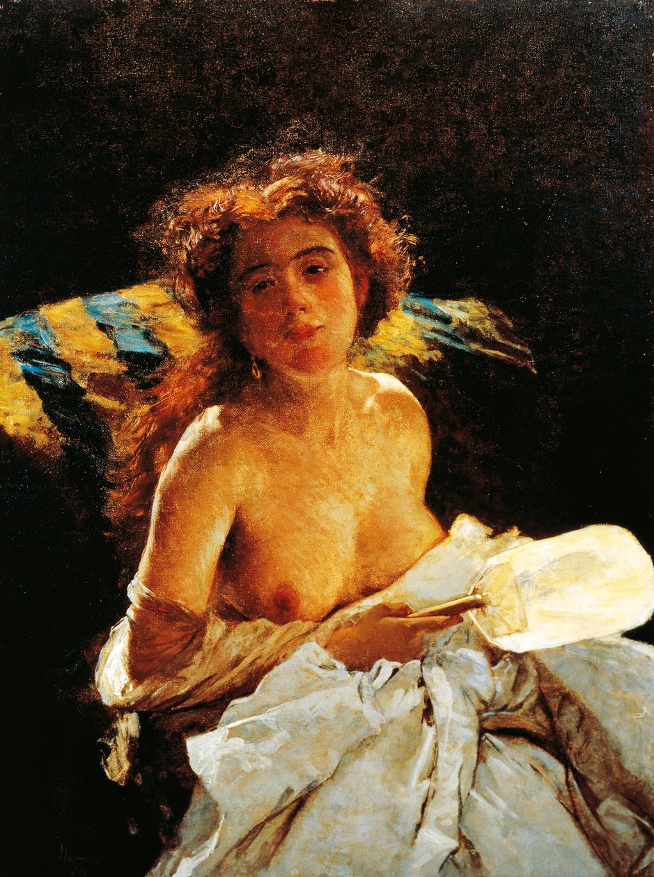 Hölgy legyezővel alkotó: Domenico Morelli