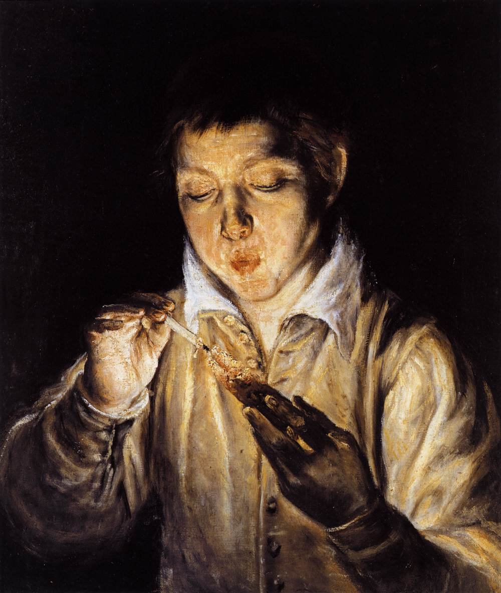 Egy fiú fúj egy gyertyát, hogy gyertyát gyújtson alkotó: El Greco