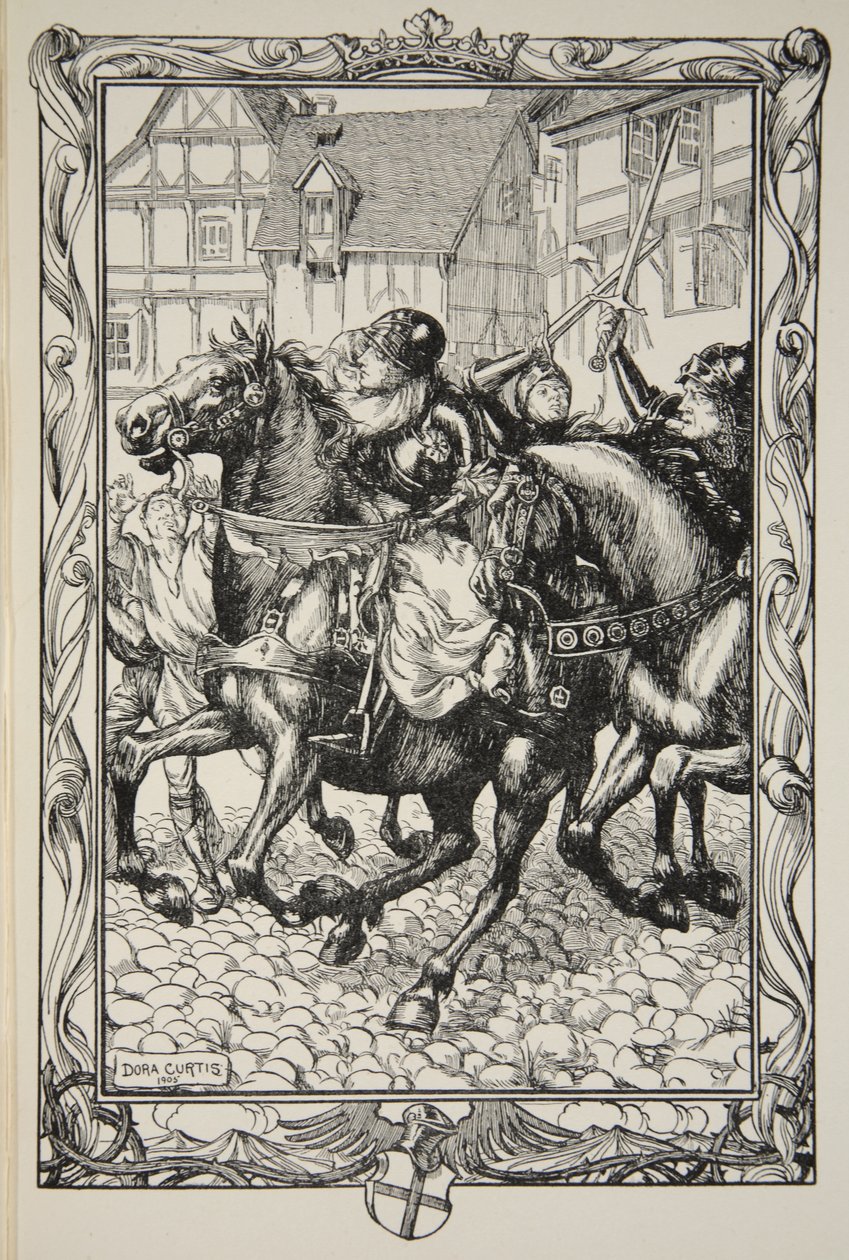 Rushed Upon the Astonished Throng, illusztráció a „Artúr király és a kerekasztal történetei” című könyvéből, Beatrice Clay, 1. kiadás, 1905 alkotó: Dora Curtis
