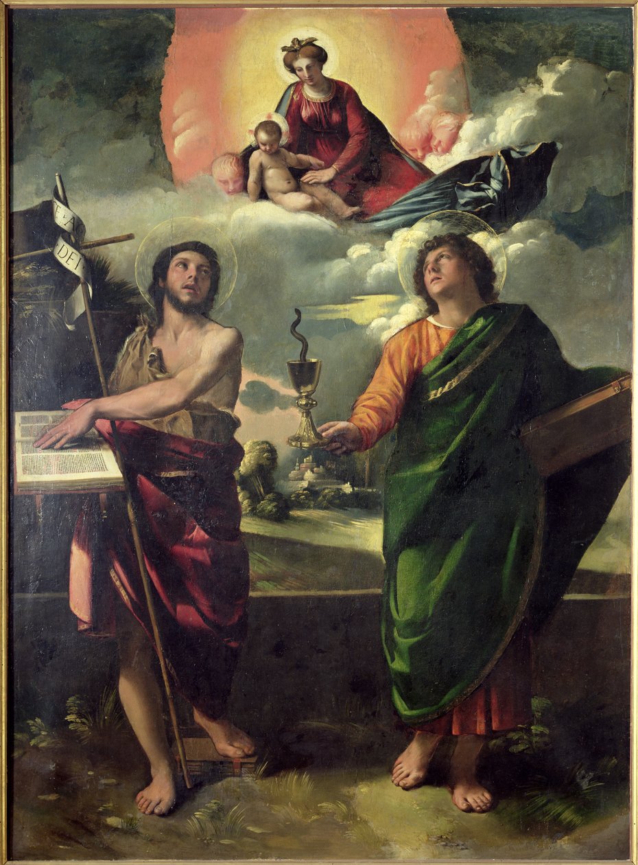 A Szűzanya jelenése a szenteknek Keresztelő Jánosnak és János evangélistának, 1520-30 alkotó: Dosso Dossi