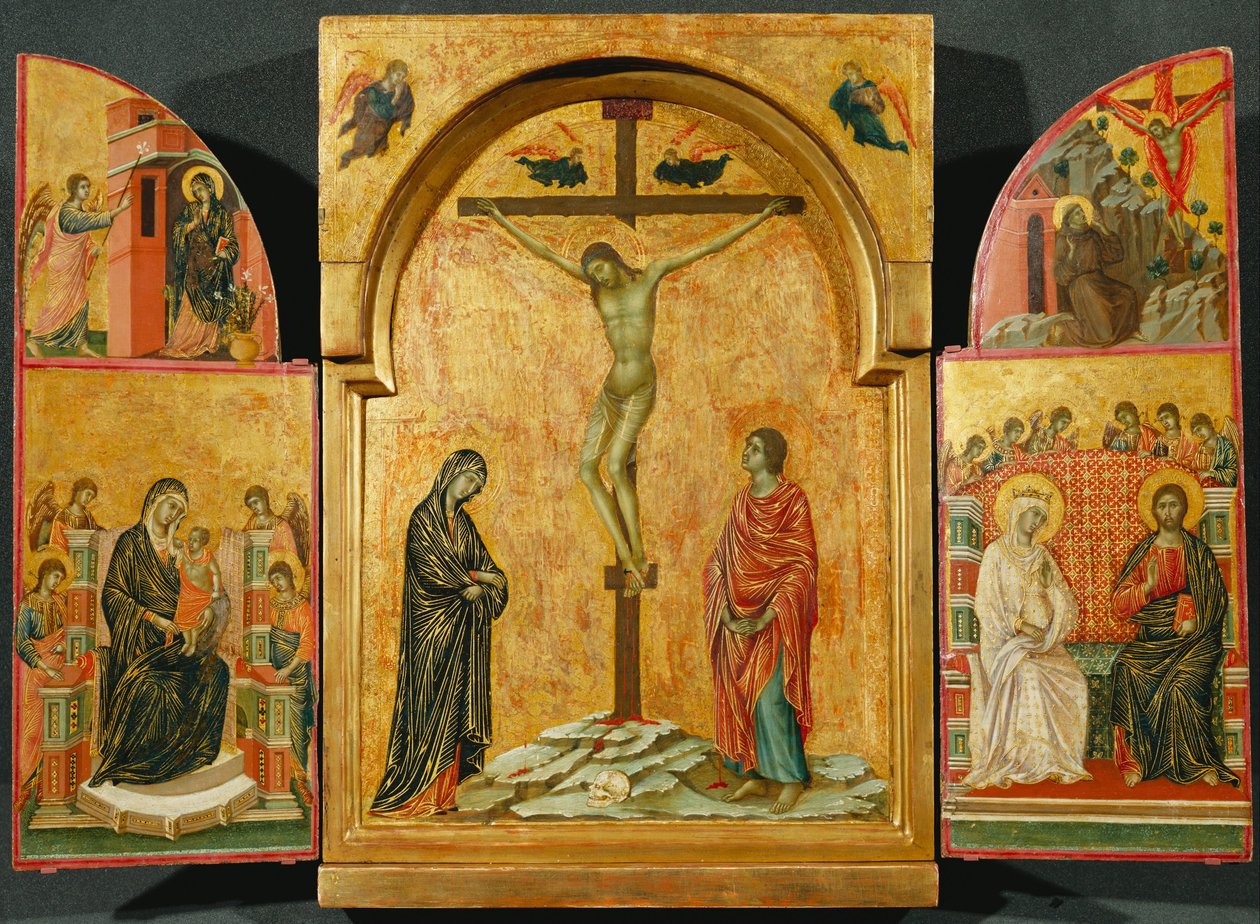 Triptichon: Keresztrefeszítés és más jelenetek alkotó: Duccio di Buoninsegna