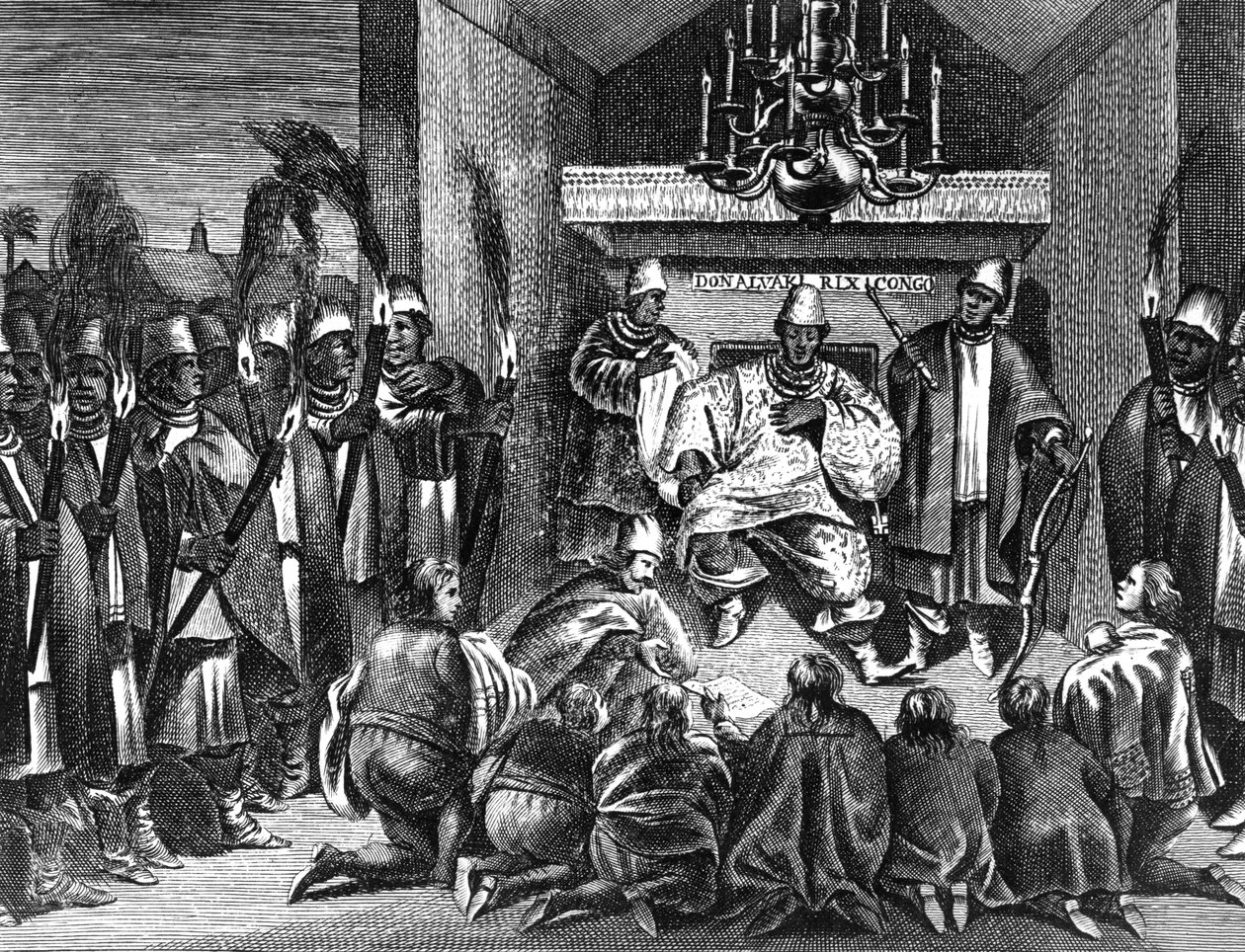 I. Alvaro kongói király fogadja a holland nagyköveteket, Olfert Dapper „Afrika leírása” című, 1668-ban kiadott illusztrációja. alkotó: Dutch School