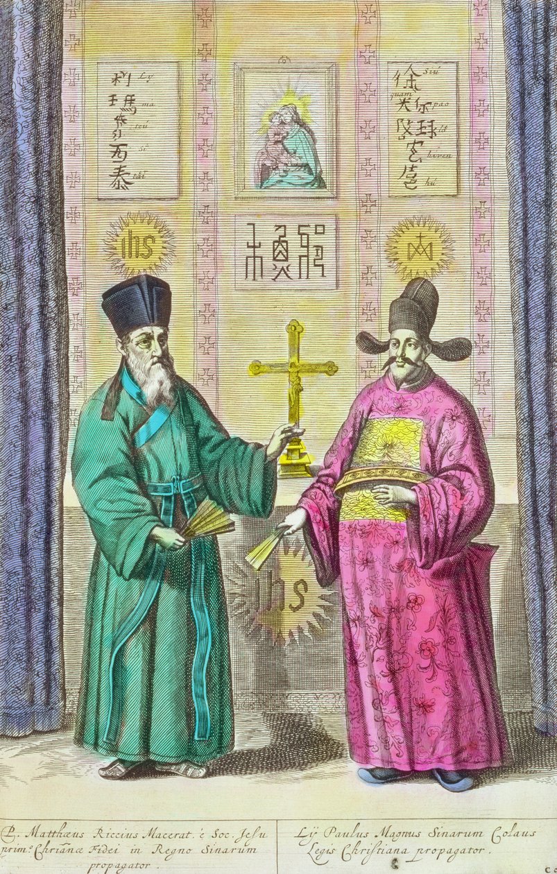 Matteo Ricci (1552-1610) és egy másik keresztény misszionárius Kínában, Athanasius Kircher (1601-80) „China Illustrated” című művéből, 1667 (későbbi színezés) alkotó: Dutch School