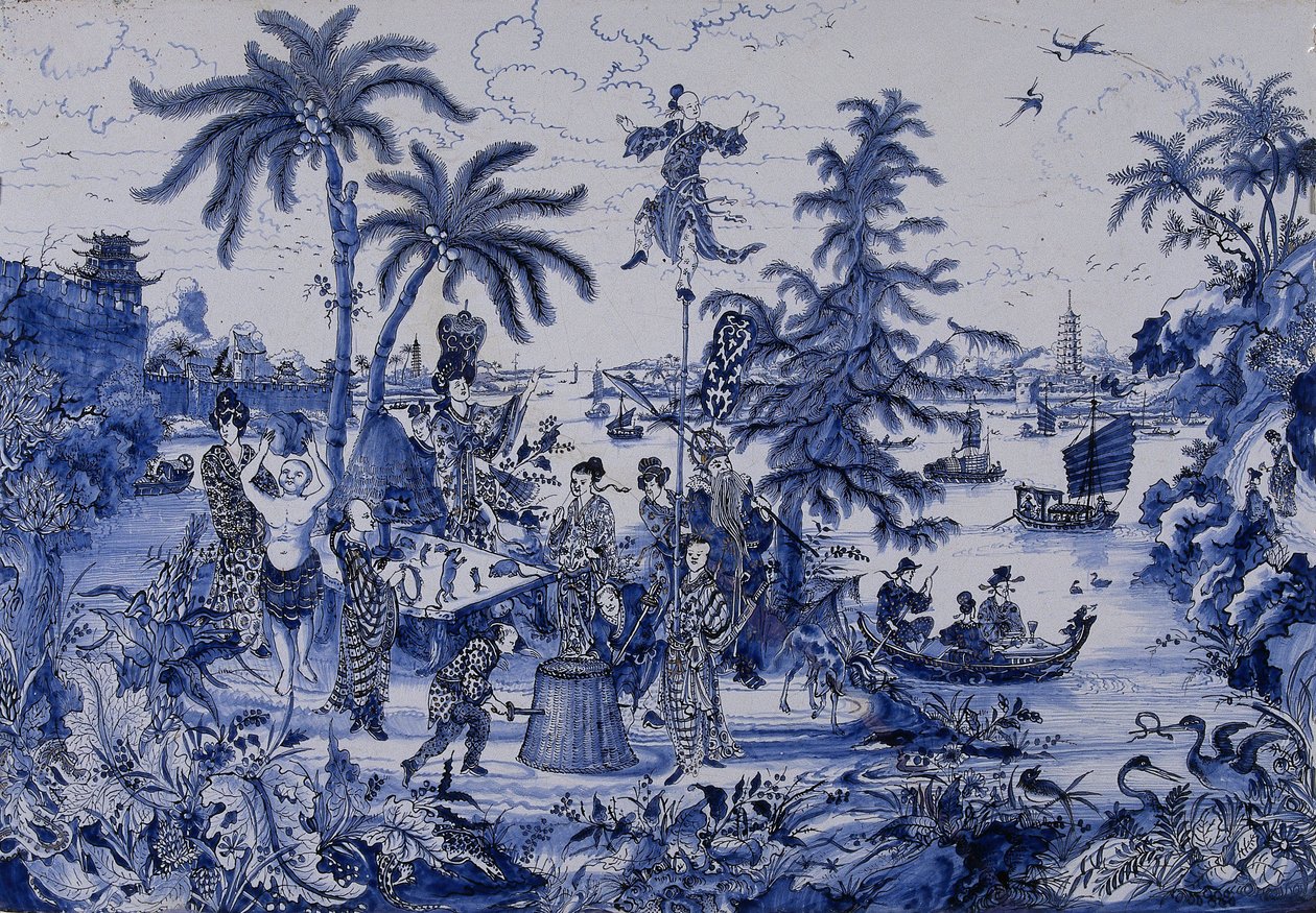 Emléktábla Chinoiserie tájjal és aranyozott részletekkel, 1680 körül (fajansz) alkotó: Dutch School