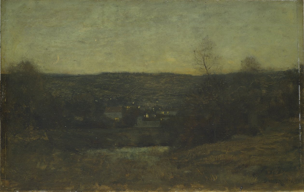 Egy kivilágított falu, 1887 körül (olaj, fatábla) alkotó: Dwight William Tryon