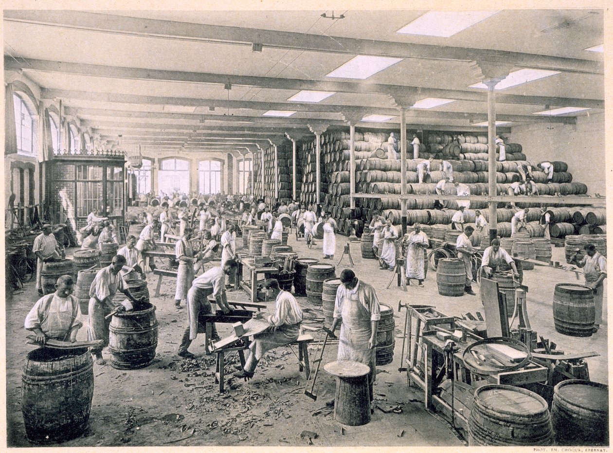 A hordók építése, a „Le France Vinicole”, kocsma. Írta: Moet und Chandon, Epernay (photolith) alkotó: E.M. Choque