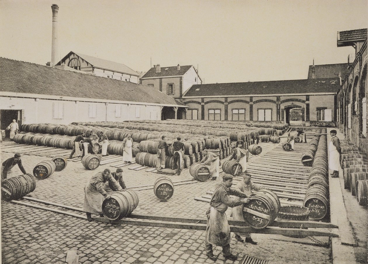 A bor hordóba helyezése a „La France Vinicole”-ból, Moet und Chandon, Epernay (photolith) alkotó: E.M. Choque
