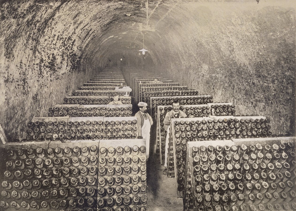 Palackforgatás, a „La France Vinicole”-ból, kiadó: Moet und Chandon, Epernay (photolith) alkotó: E.M. Choque