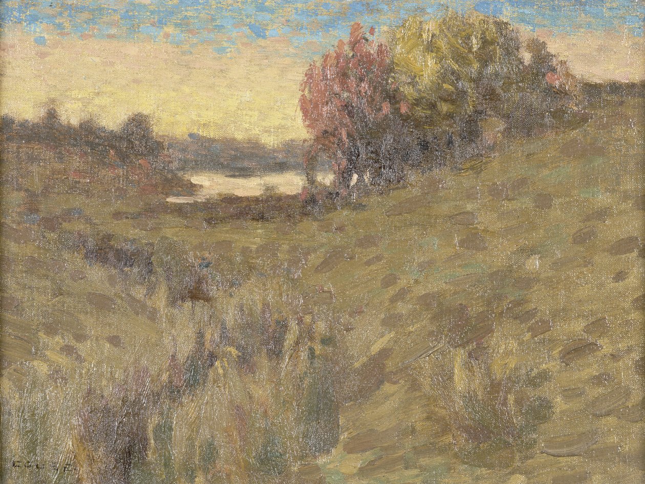 Északnyugati táj tóval (olaj, masonit) alkotó: Eanger Irving Couse