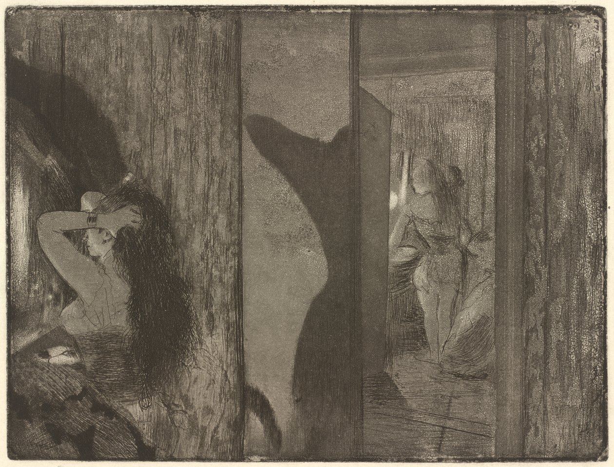 Színésznők az öltözőjükben, 1879-1880 (rézkarc és akvatinta szőtt papíron) alkotó: Edgar Degas