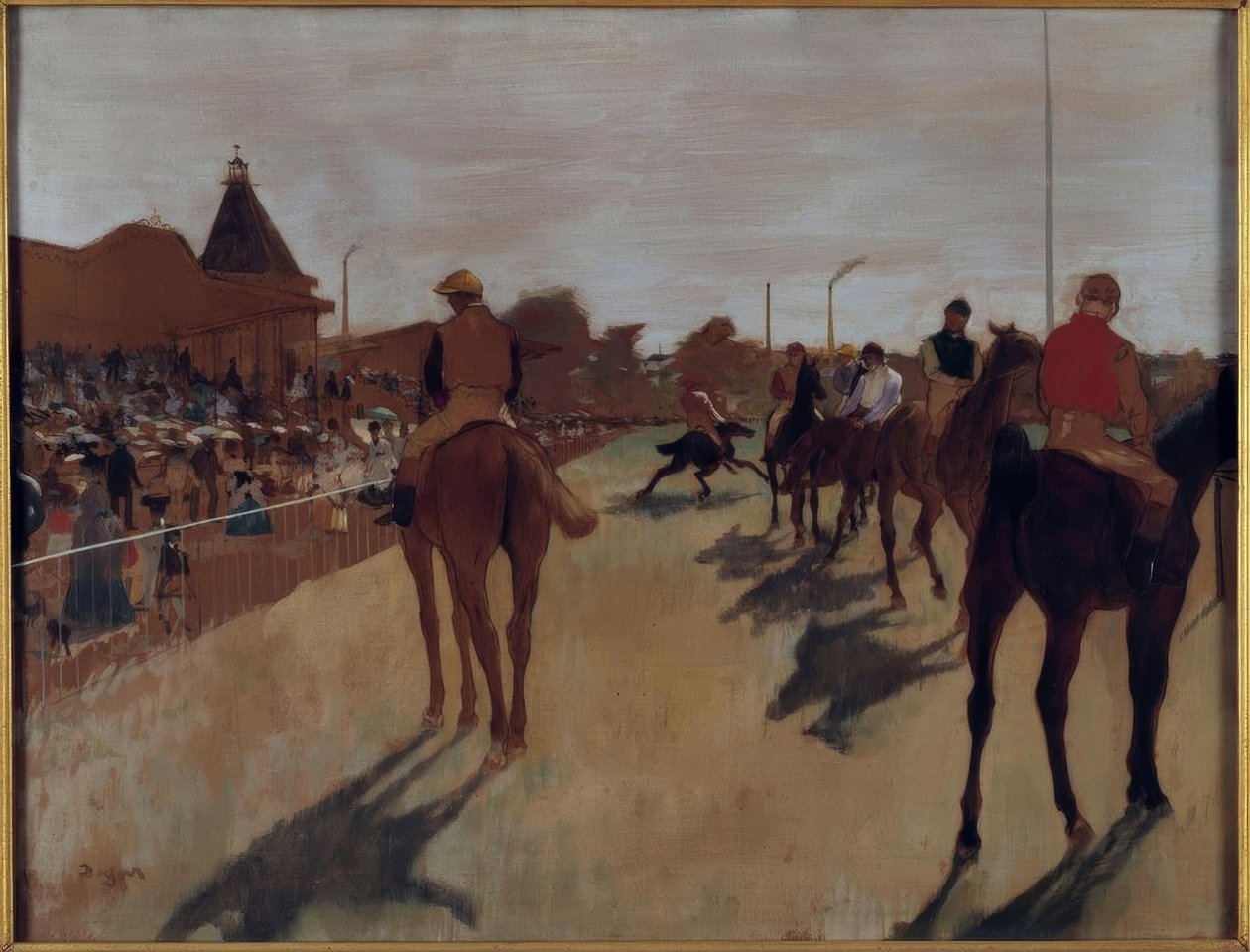 A felvonulás, más néven Racehorses a lelátó előtt alkotó: Edgar Degas