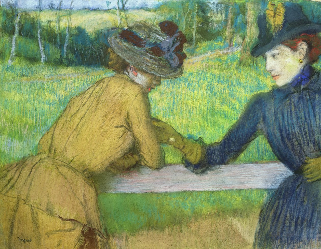 Két nő egy kapura támaszkodva (pasztell) alkotó: Edgar Degas