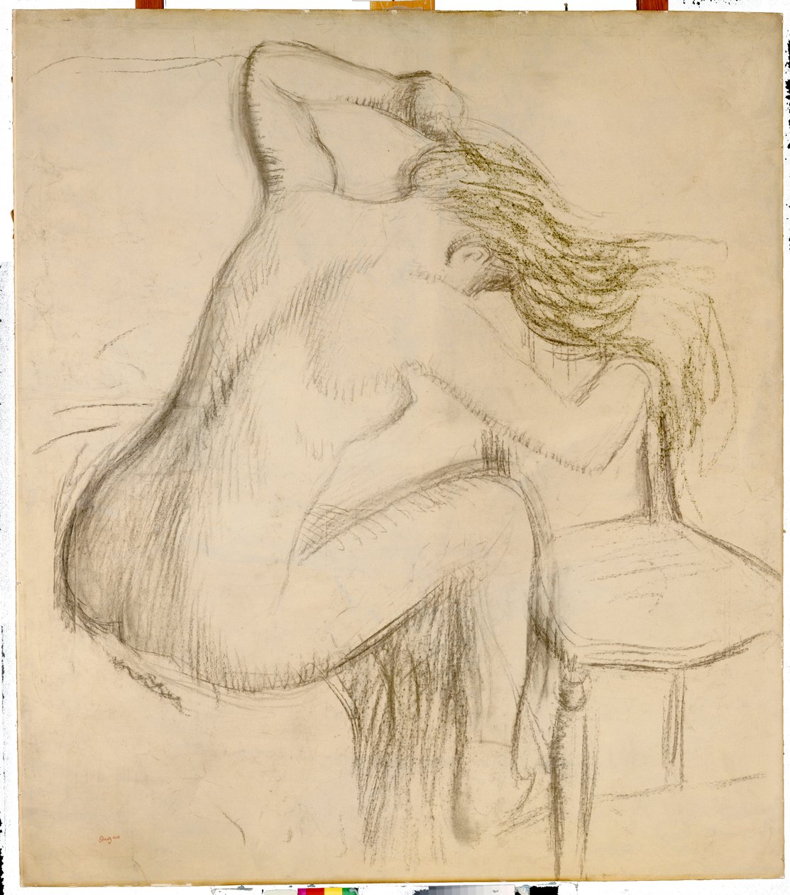 Egy ülő meztelen nő, aki a haját formálja alkotó: Edgar Degas