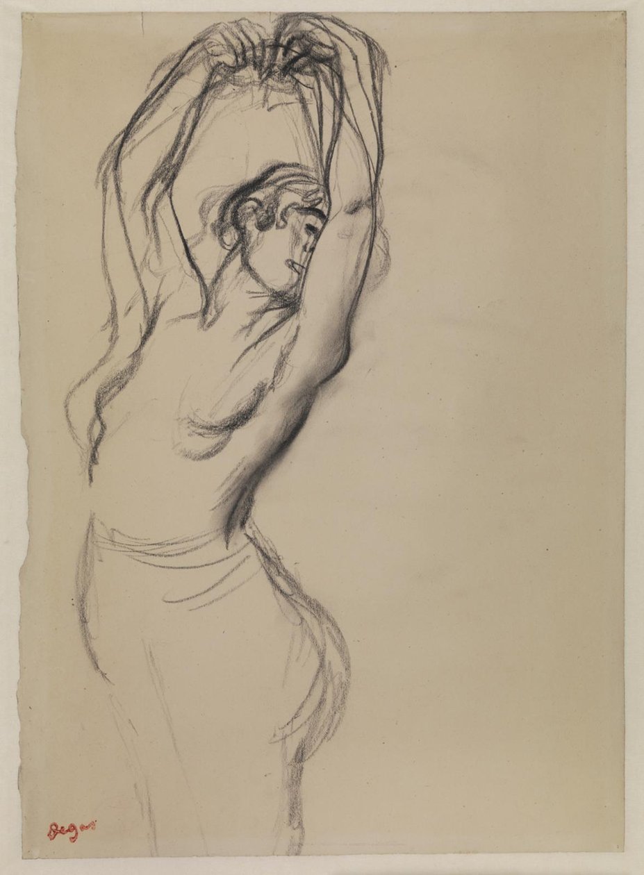 Meztelen táncos felemelt karral alkotó: Edgar Degas