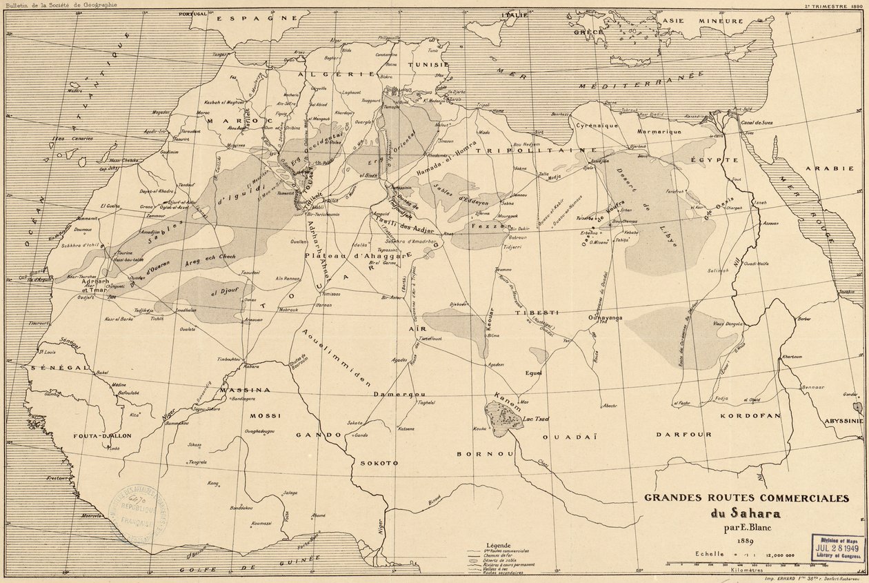 Edouard Blanc francia felfedező 1889-es térképe a Szaharán túli kereskedelmi útvonalakra alkotó: Edouard Blanc