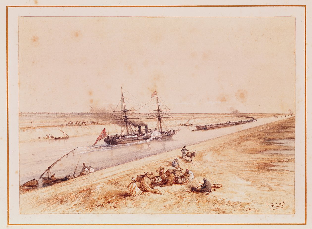 Egy török lapátos gőzhajó felfelé a Szuezi-csatornán, egy emlékalbumból Eugenie császárné (1826-1920) utazásának emlékére az 1869-es felavatáson alkotó: Edouard Riou