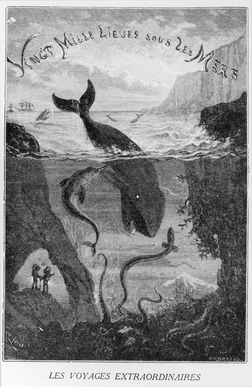 Borítóillusztráció Jules Verne (1828-1905) "20 000 mérföld a tenger alatt" című művéből, Henri Theophile Hildibrand (1824-97) metszete. alkotó: Edouard Riou