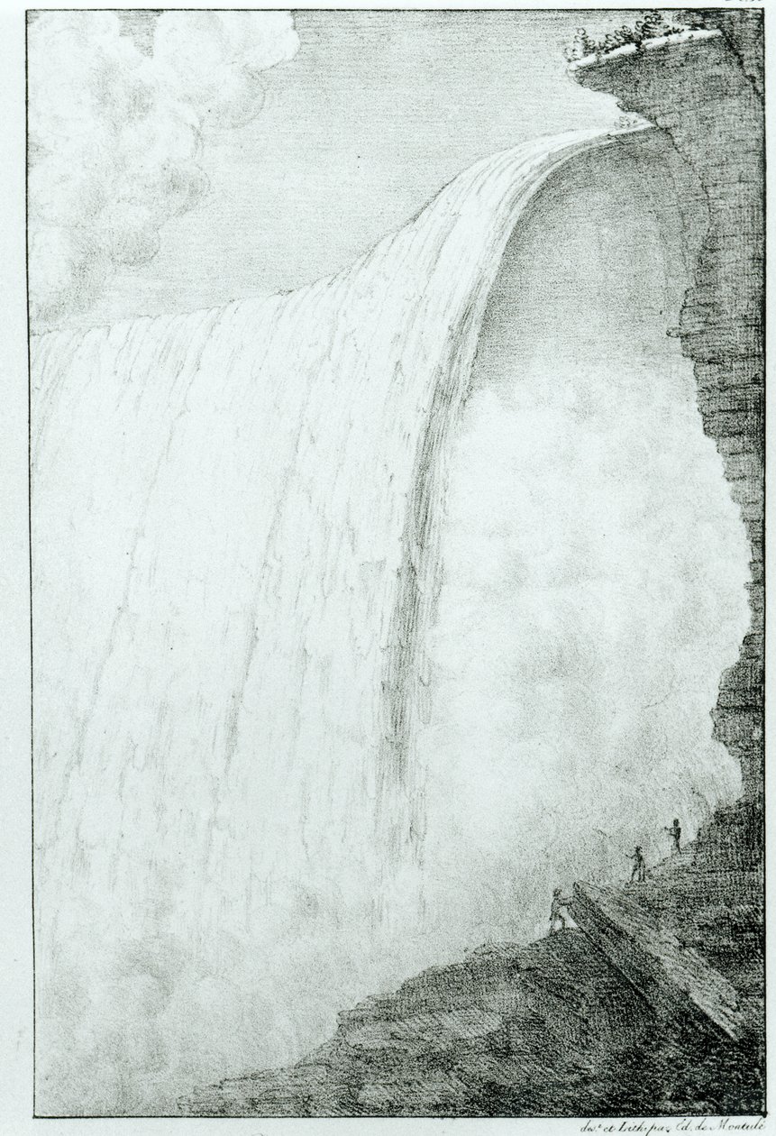 Niagara-vízesés, de Montule 1821-es „Amerikában Olaszországban Szicíliában és Egyiptomban végzett utazás térképei és nézetei” című művéből. alkotó: Edouard de Montule