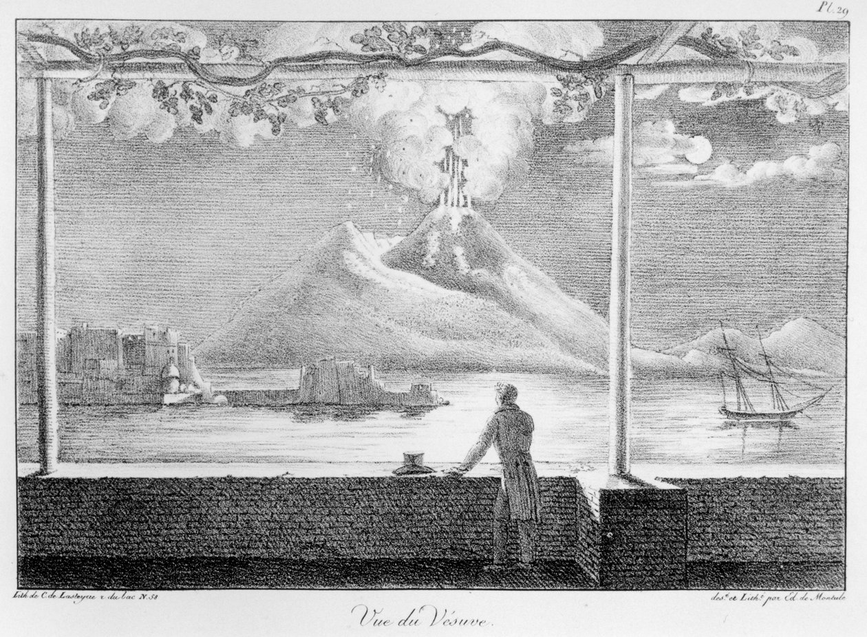 A Vezúv látképe, az "1816-21-ben Amerikába, Olaszországba, Szicíliába és Egyiptomba tett utazás térképeinek és nézeteinek gyűjteményéből". alkotó: Edouard de Montule