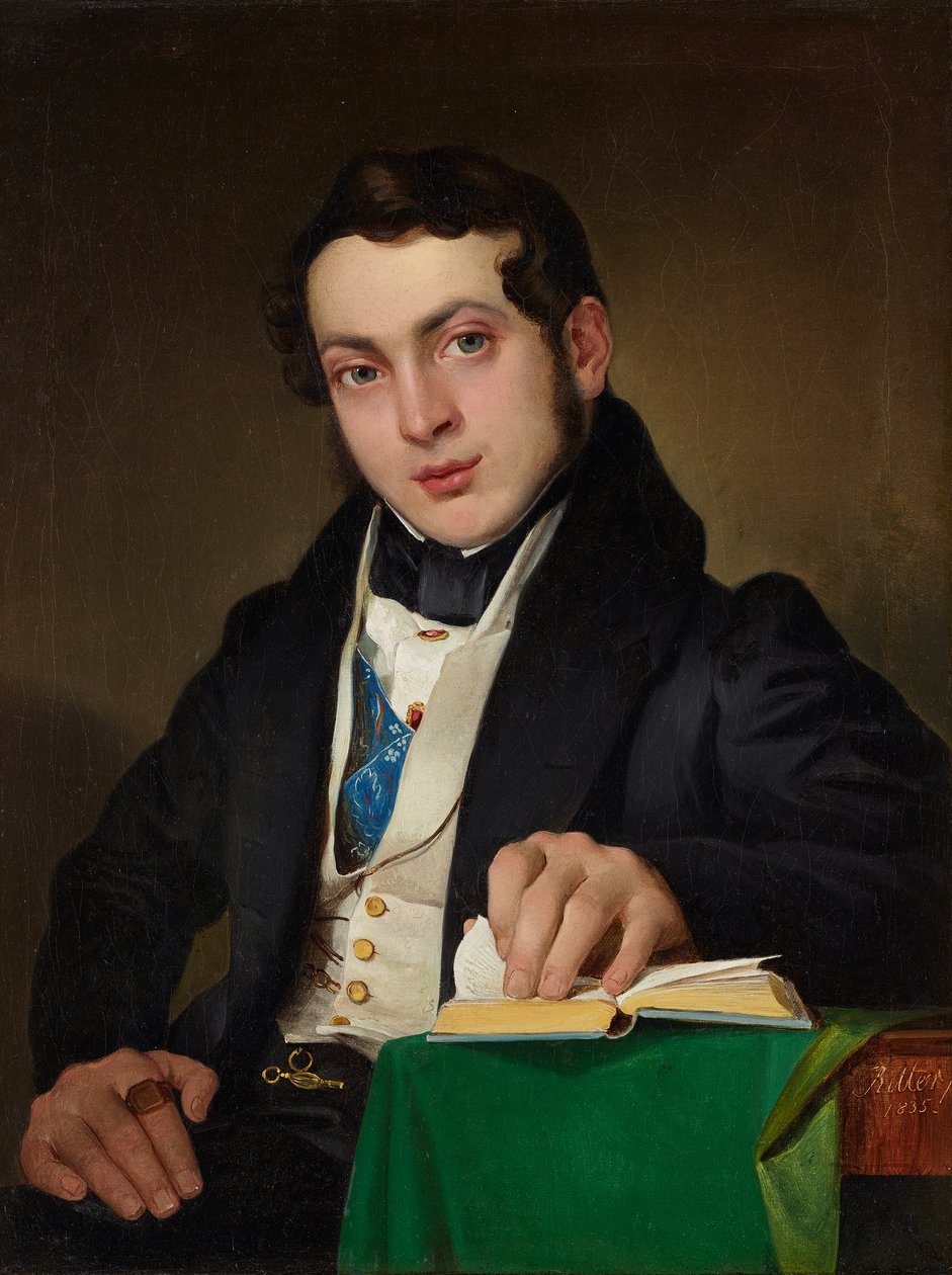 Ülő fiatalember fekete szoknyában alkotó: Eduard Ritter