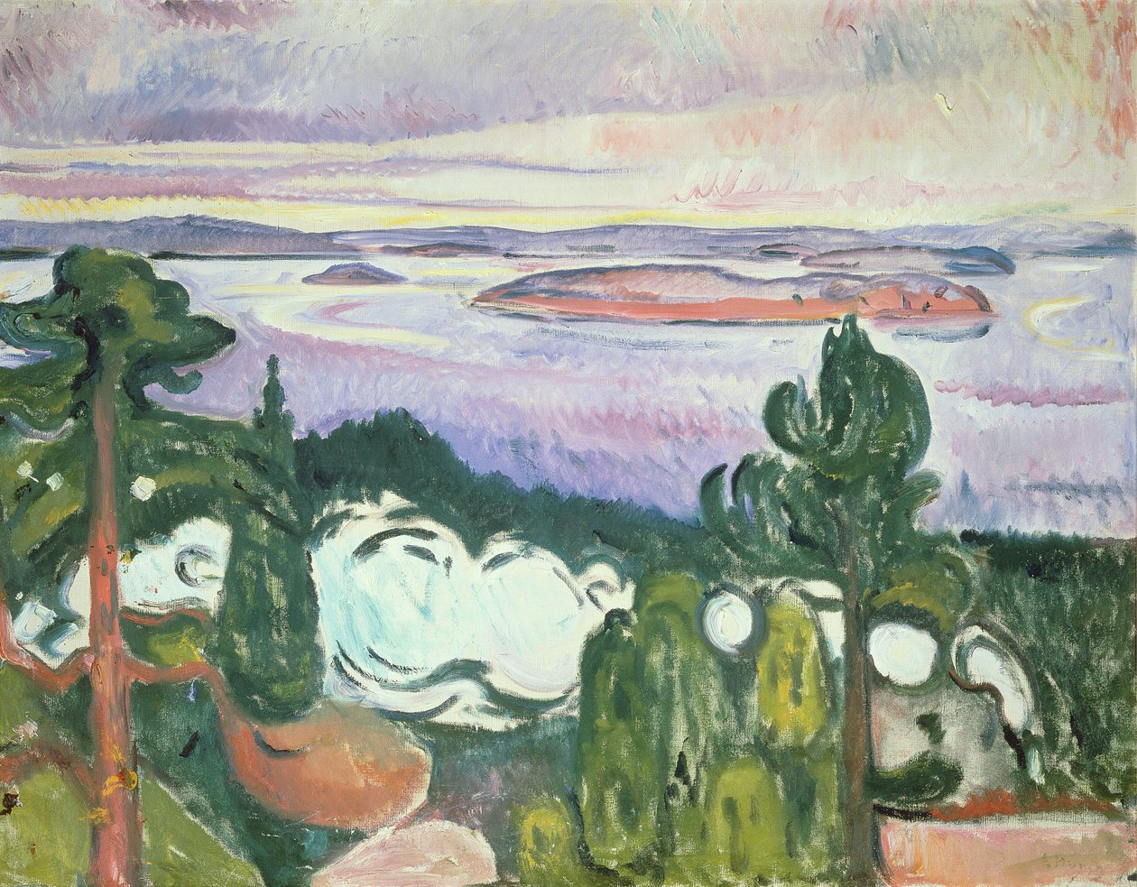 Oslofjord – Northern Beach (táj vasúttal, vonattal, füsttel) 1910 alkotó: Edvard Munch