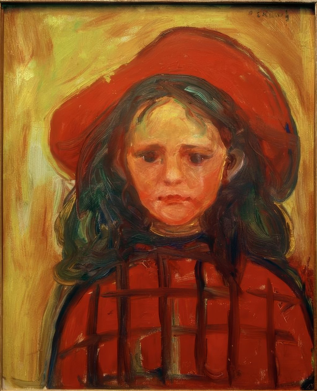 Lány piros kockás ruhával és piros kalappal alkotó: Edvard Munch